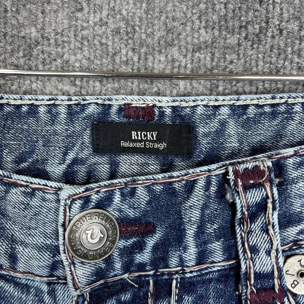 True Religion Ricky Relaxed Straight Jeans Mens 36 Blue Excellent Acid Wash